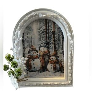 Hand crafted White Snowman Picture Frame with Green Accents